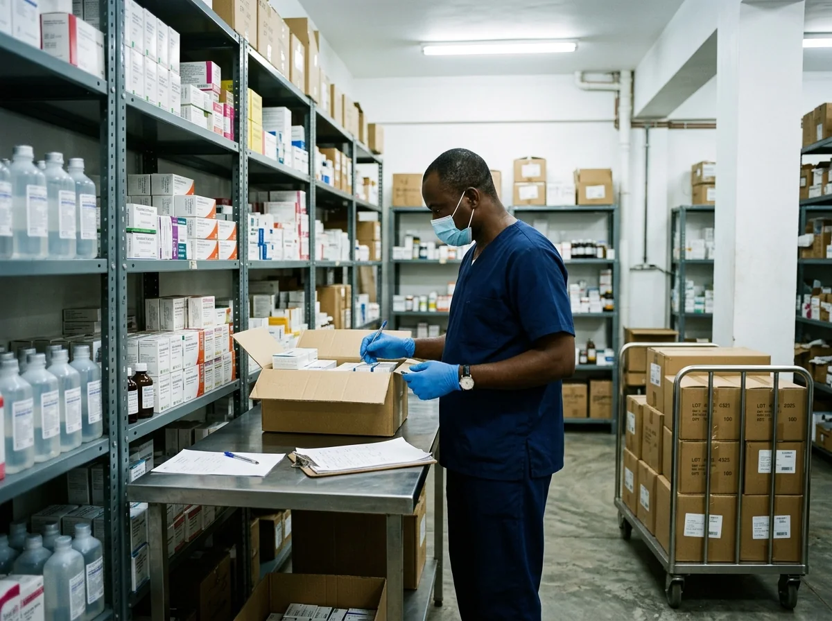 A storekeeper in scrubs checks a delivered carton against a delivery note in a hospital pharmacy store.