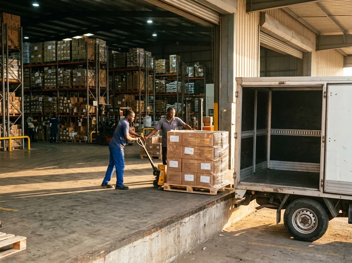Two workers move a pallet of medicine cartons at a warehouse loading dock.