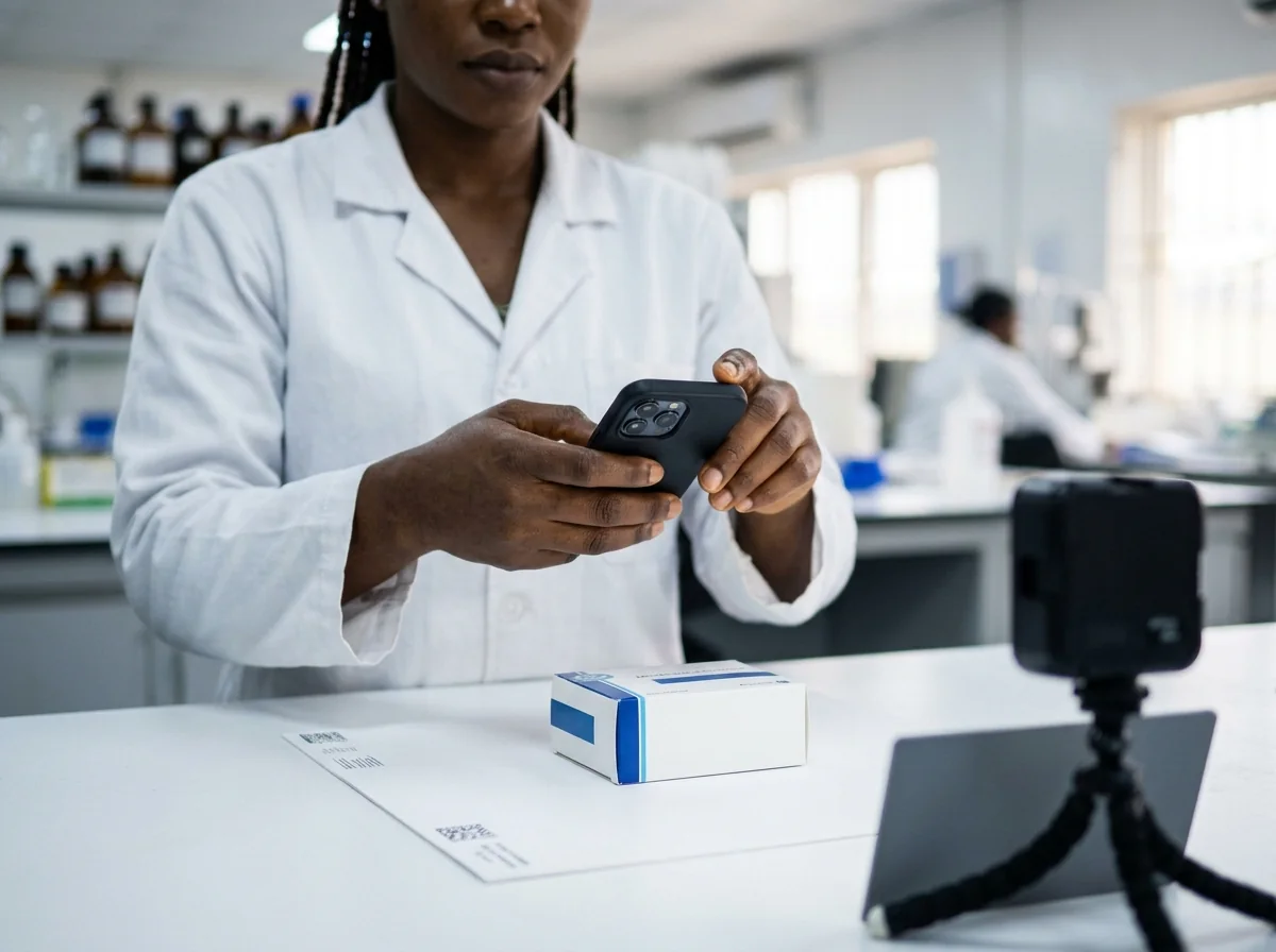 A quality officer in a lab coat photographs a medicine carton on a white table.