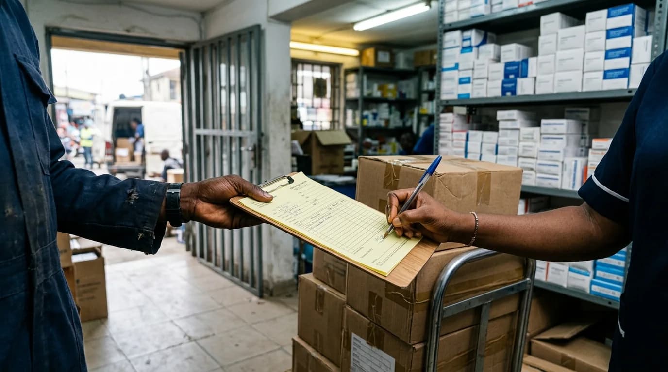 A delivery driver holds out a delivery note on a clipboard while a pharmacy worker signs it, next to a trolley of medicine cartons.
